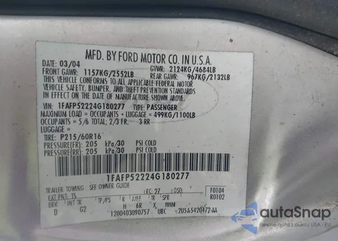 2004 Ford Taurus Lx из США, поврежденный, VIN 1FAFP52224G180277